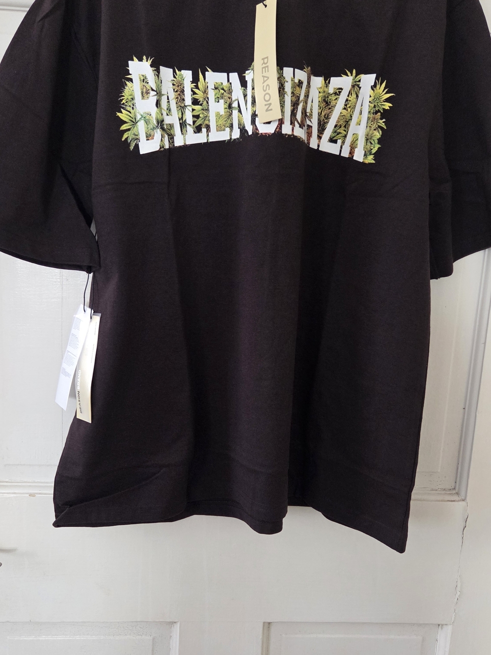 Reason Black Tee "Balencizaza" with White Logo and Green Botanical Print